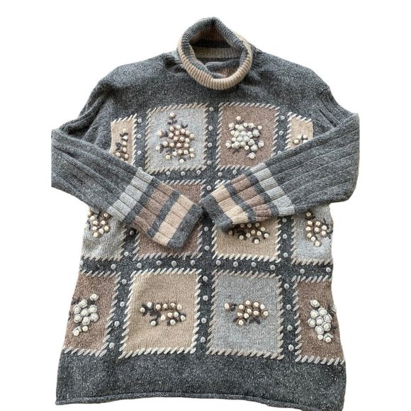 Vtg NELL Flowers by JG Hook Sz Large Gray Silk Angora Lambswool Blend Sweater - Picture 1 of 8
